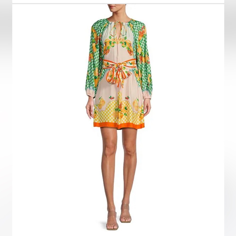 NWT Antonio Melani Raffaella Fruit Printed Satin Tie Neck Long Sleeve Dress
